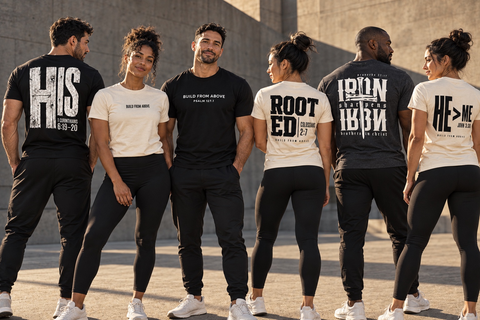 Six fit adult men and women wearing athletic-cut Build From Above shirts in black, charcoal, and ivory, showing different front and back designs in a sunlit concrete setting.